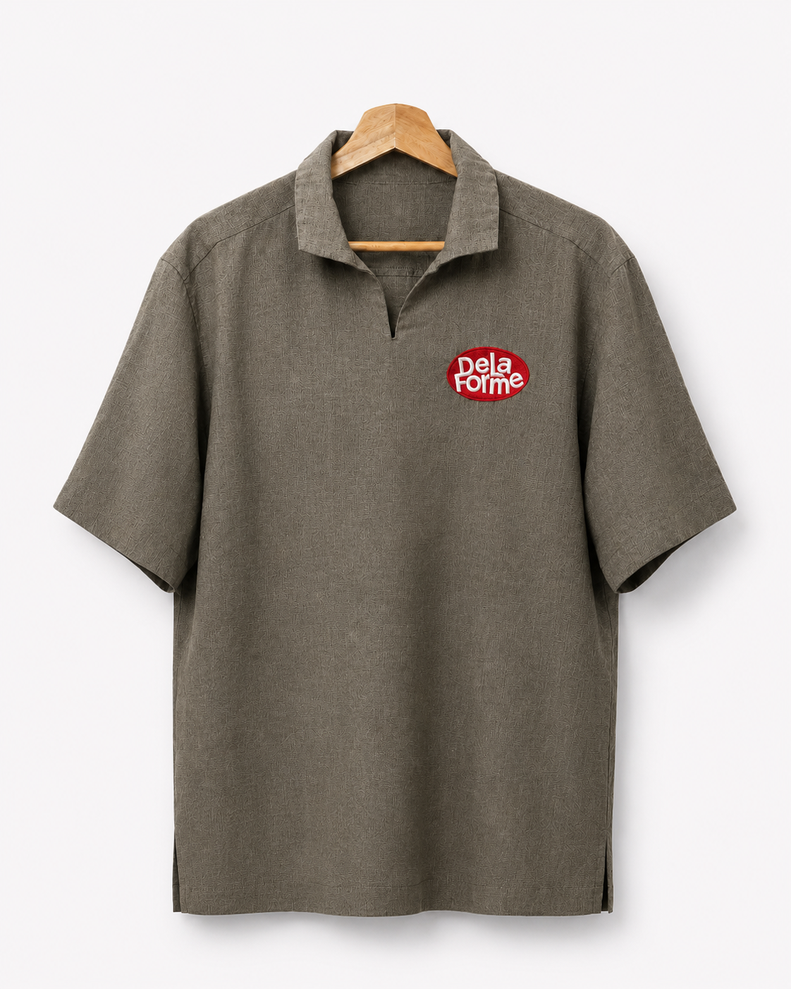 De La Forme Embroidered Open-Collar Short Sleeve Shirt – Olive