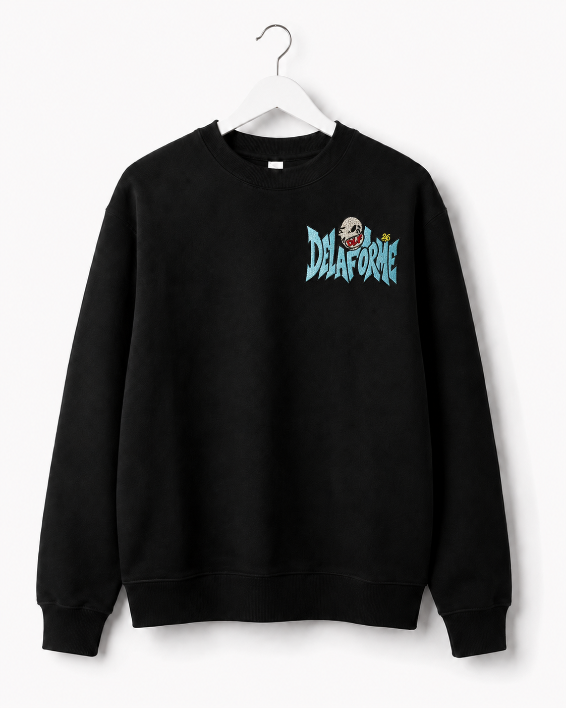 DELAFORME Skull Graffiti Embroidered Black Crewneck Sweatshirt