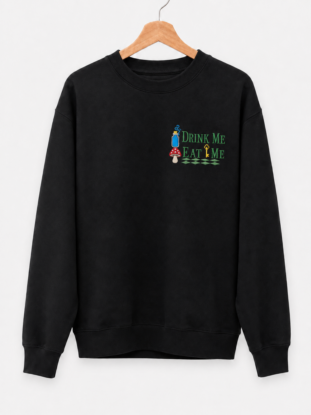 Drink Me Eat Me Embroidered Black Crewneck Sweatshirt