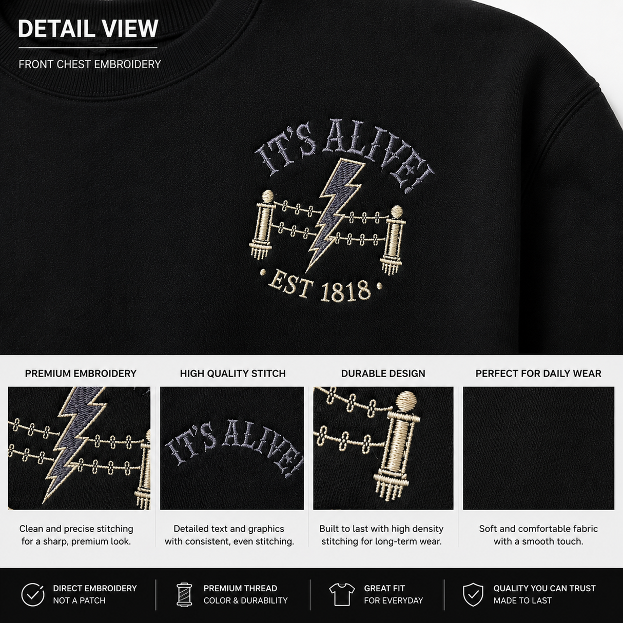 IT’S ALIVE! Embroidered Black Crewneck Sweatshirt – Gothic Frankenstein Horror Design