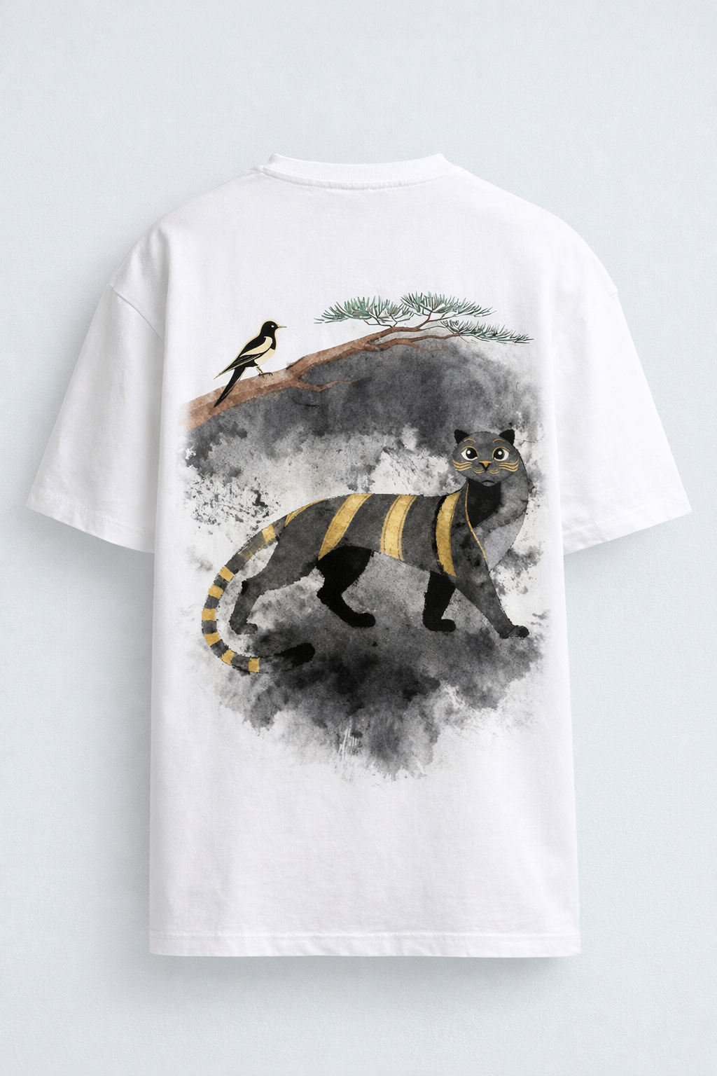 Korean Minhwa Tiger Graphic T-Shirt — Minimal Ink Wash & Gold Accent Design