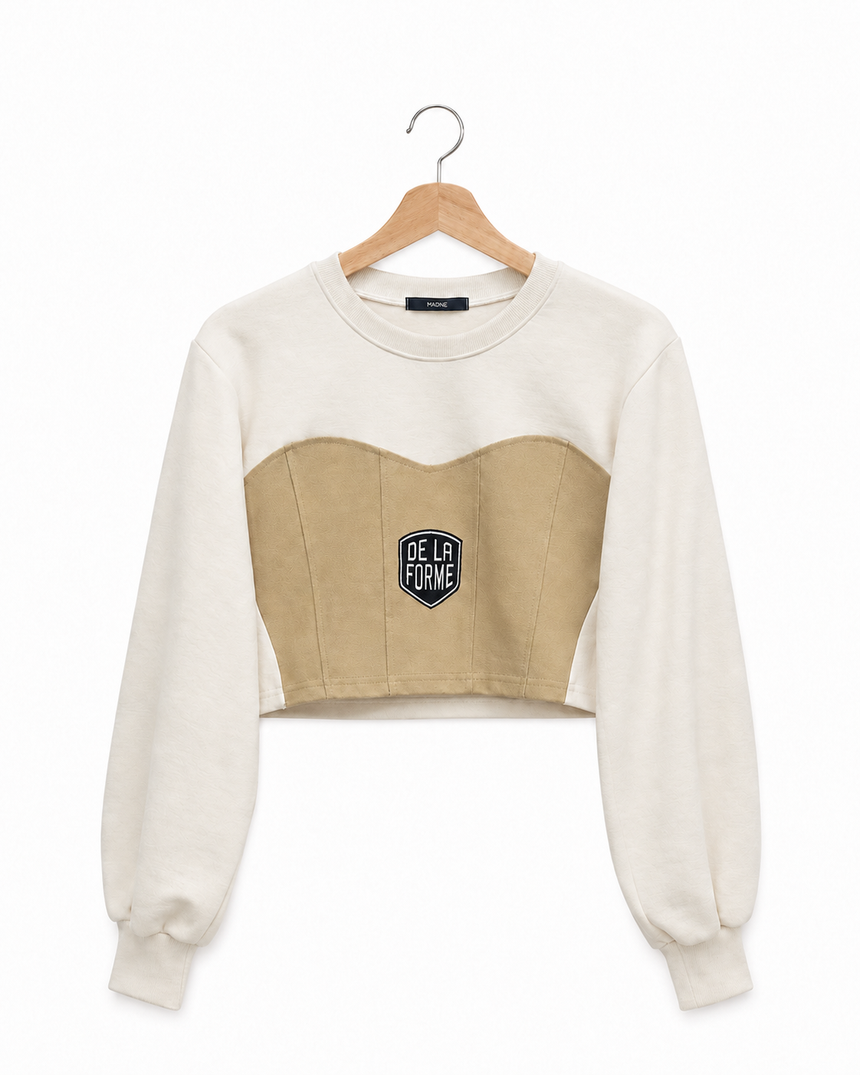 De La Forme Corset Panel Cropped Sweatshirt – Cream & Beige