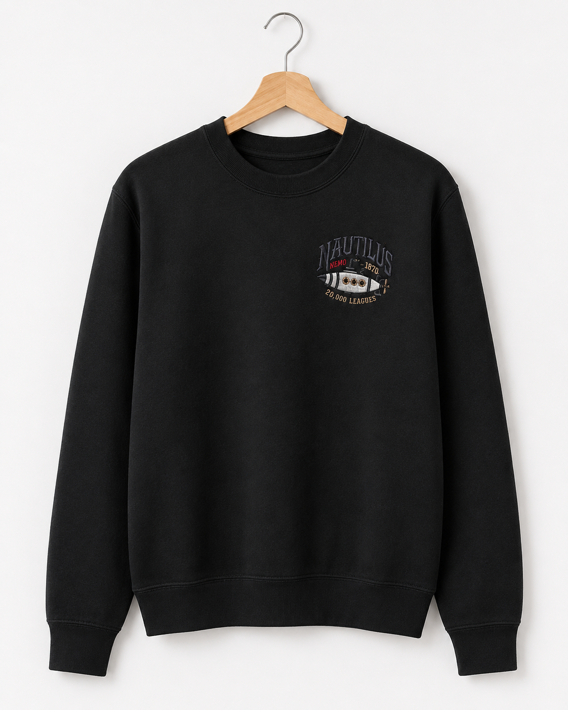 Nautilus Submarine Embroidered Black Crewneck Sweatshirt