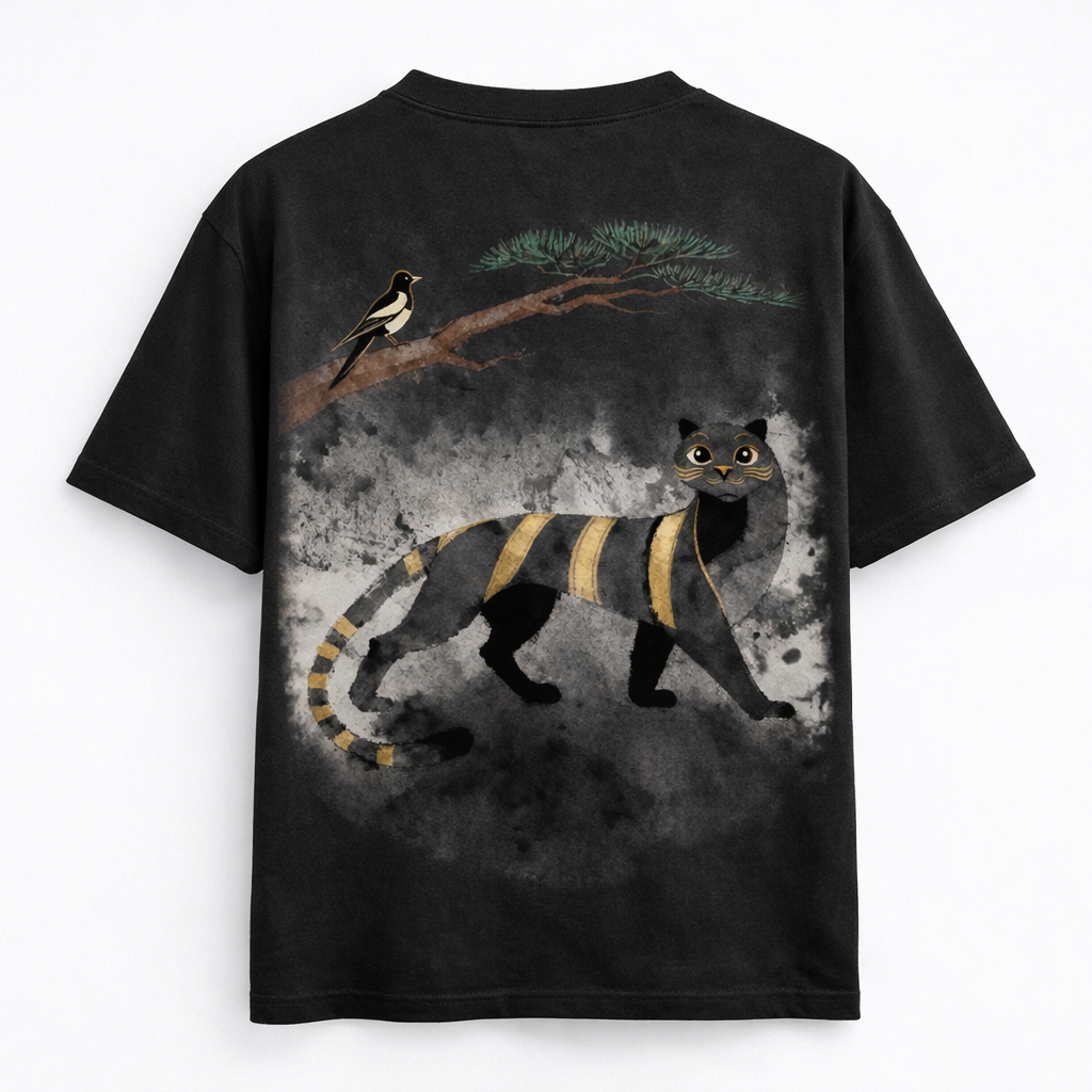 Korean Minhwa Tiger Graphic T-Shirt — Minimal Ink Wash & Gold Accent Design
