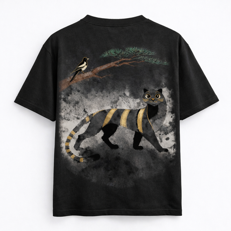 Korean Minhwa Tiger Graphic T-Shirt — Minimal Ink Wash & Gold Accent Design