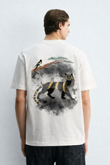 Korean Minhwa Tiger Graphic T-Shirt — Minimal Ink Wash & Gold Accent Design