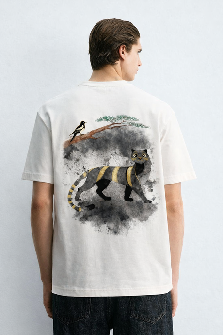 Korean Minhwa Tiger Graphic T-Shirt — Minimal Ink Wash & Gold Accent Design