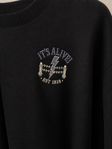 De La Forme IT’S ALIVE! Embroidered Black Crewneck Sweatshirt – Gothic Frankenstein Horror Design