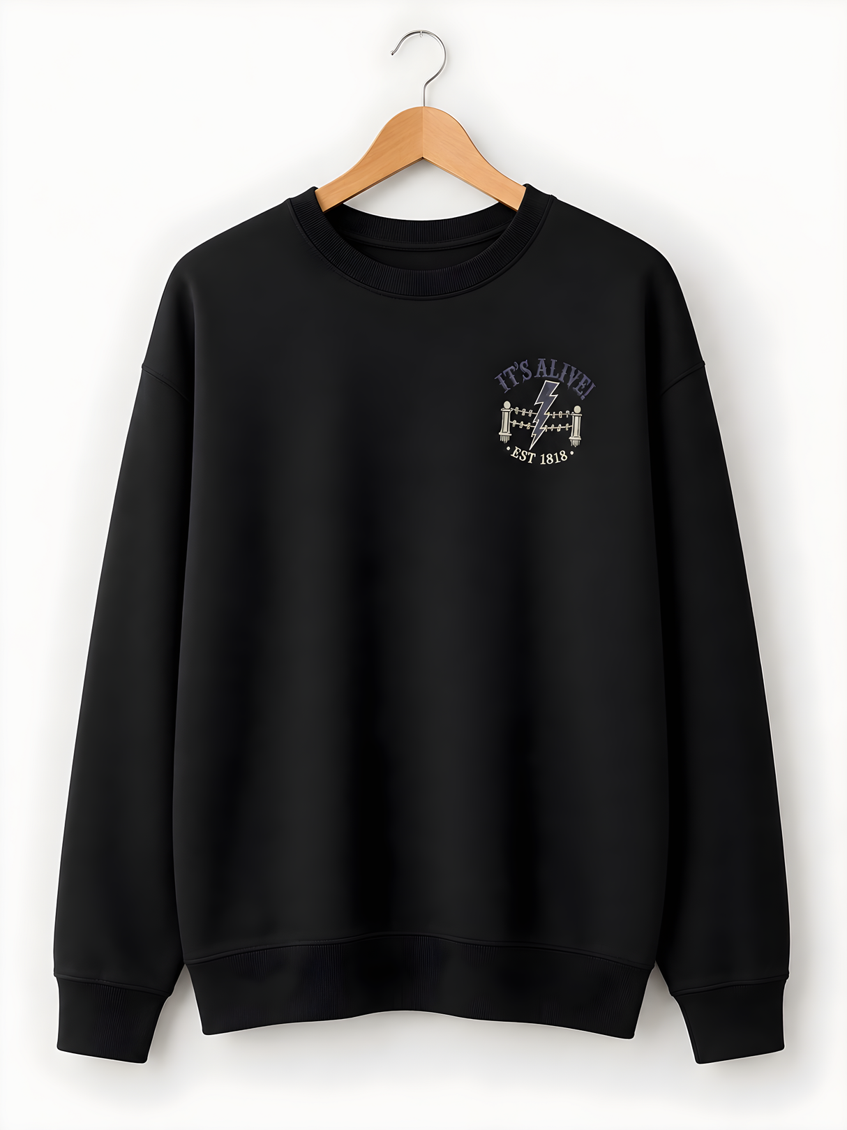 IT’S ALIVE! Embroidered Black Crewneck Sweatshirt – Gothic Frankenstein Horror Design