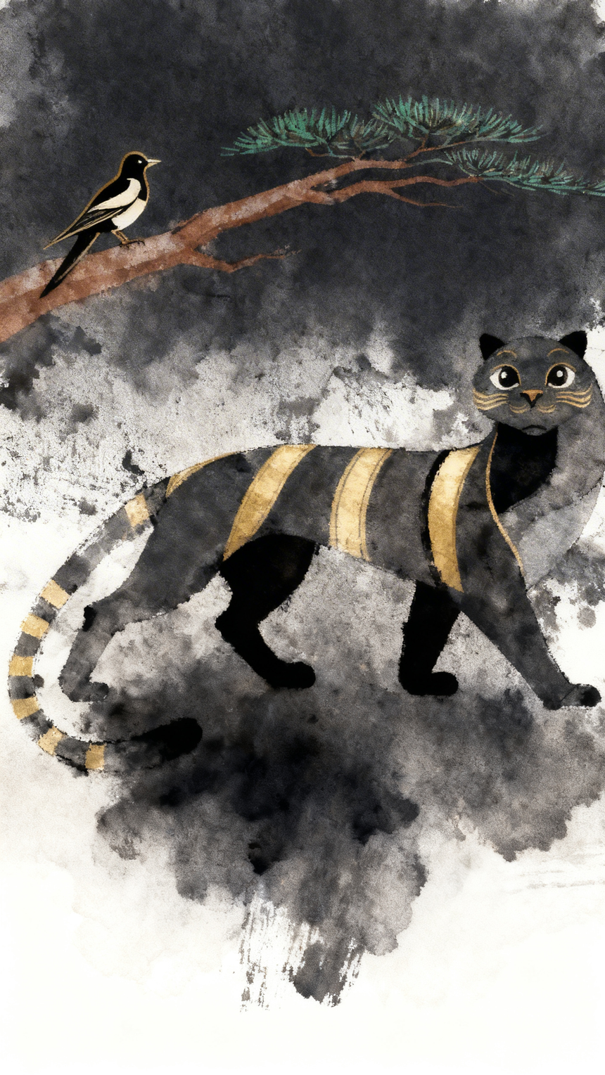 De La Forme Korean Minhwa Tiger Graphic T-Shirt — Minimal Ink Wash & Gold Accent Design